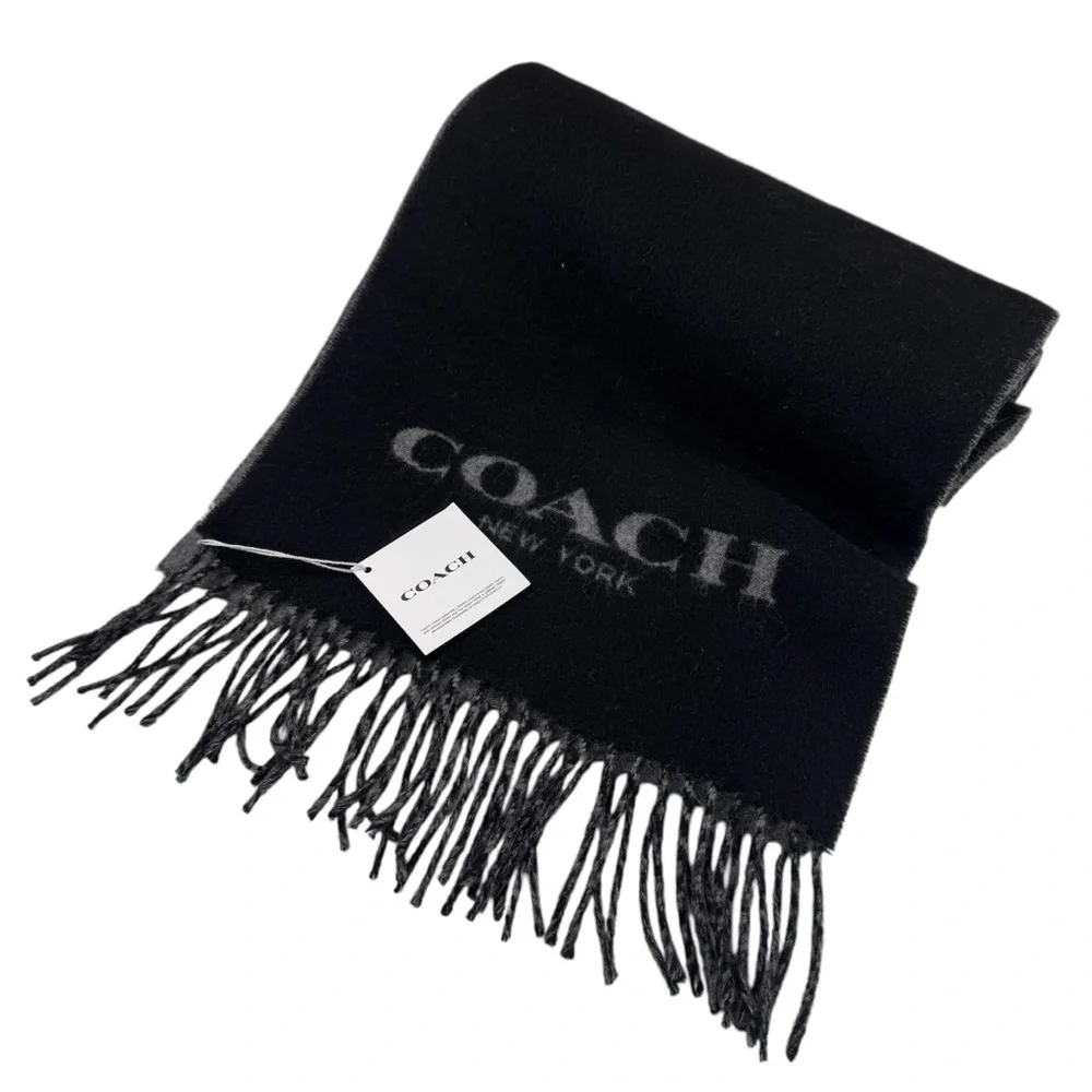 NWT Coach Unisex Signature Bi-Color Wool/Cashmere Logo Scarf Black/Grey Preppy